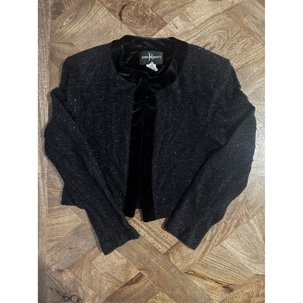Vintage 90s John Roberts Black Sparkle Velvet Trim Cropped Bolero Goth Jacket 8